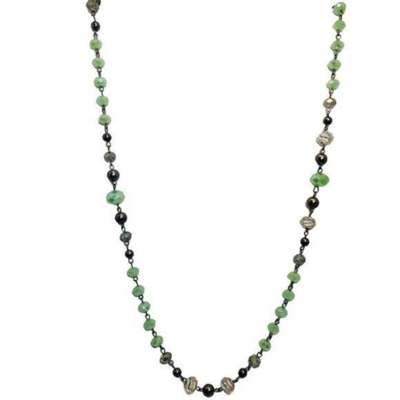 Vintage Lime Green Faceted Glass Sparkly Beaded Gunmetal Station Necklace 40” - Picture 2 of 8
